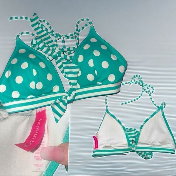 VS Swimwear l Turquoise & White Polka-dotted Bikini Top l Tie Back l SP l EUC - Picture 4 of 9